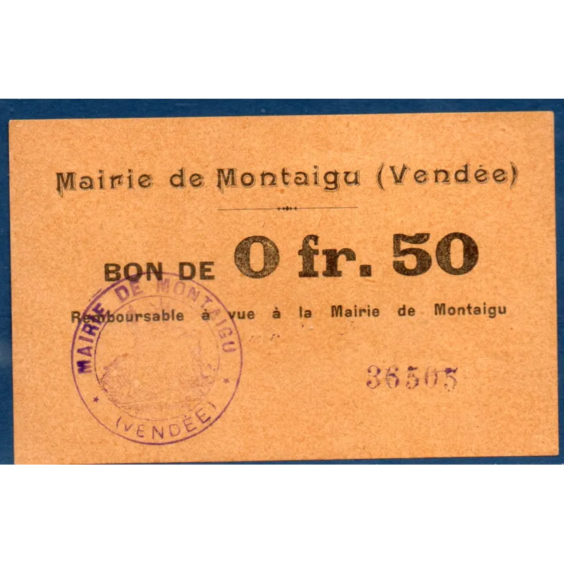 Bon ville Montaigu 50 centimes, Sup, ND Pirot 85-04 Billet Bon ville Montaigu 50 centimes, Sup, ND Pirot 85-04 Billet