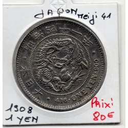 Japon 1 Yen Meiji an 41 1908 TTB+ nettoyé, KM.YA25.3 Dragon