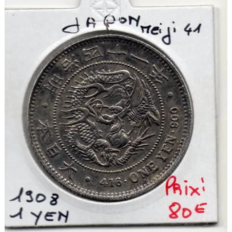 Japon 1 Yen Meiji an 41 1908 TTB+ nettoyé, KM.YA25.3 Dragon