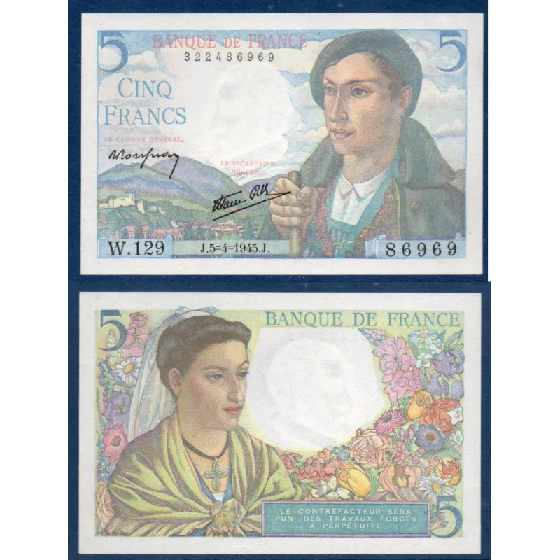 5 Francs Berger, Sup, 5.4.1945 Billet de la banque de France 5 Francs Berger, Sup, 5.4.1945 Billet de la banque de France