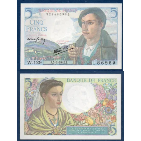 5 Francs Berger, Sup, 5.4.1945 Billet de la banque de France