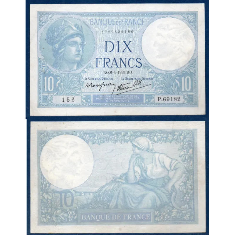 10 Francs Minerve, TTB+, 6.4.1939 Billet de la banque de France 10 Francs Minerve, TTB+, 6.4.1939 Billet de la banque de France