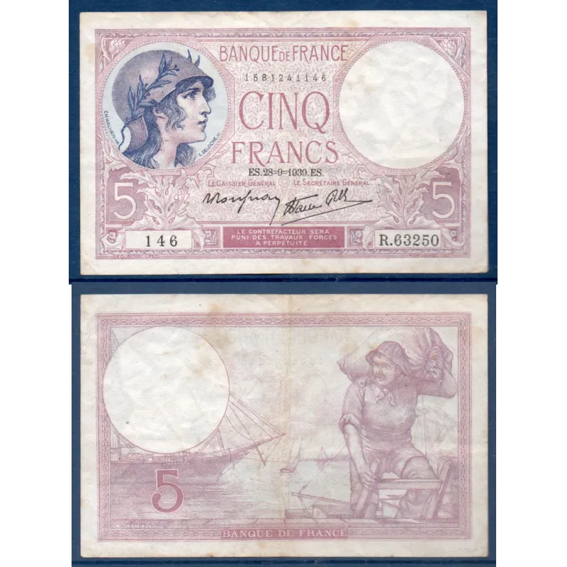 5 Francs Violet, TB, 28.9.1939 Billet de la banque de France