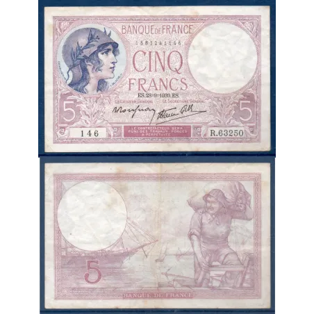 5 Francs Violet, TB, 28.9.1939 Billet de la banque de France