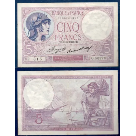 5 Francs Violet, TB+, 22.6.1933 Billet de la banque de France