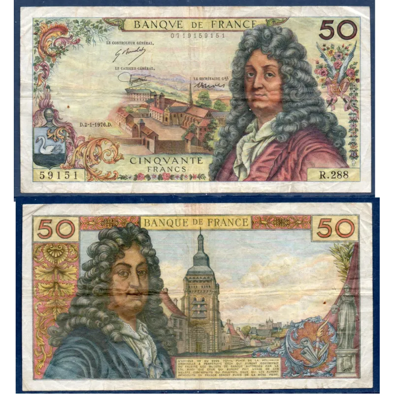 50 Francs Racine, TB, 2.1.1975 Billet de la banque de France 50 Francs Racine, TB, 2.1.1975 Billet de la banque de France