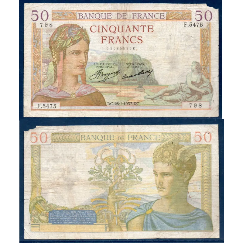 50 Francs Cérès, B, 28.1.1937 Billet de la banque de France