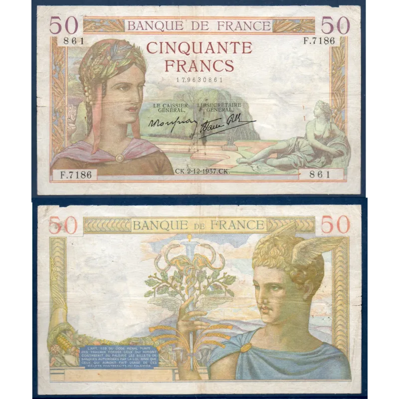 50 Francs Cérès, B, 2.12.1937 Billet de la banque de France 50 Francs Cérès, B, 2.12.1937 Billet de la banque de France
