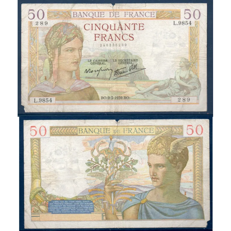 50 Francs Cérès, B, 9.3.1939 Billet de la banque de France
