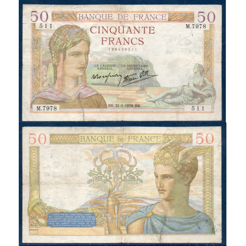 50 Francs Cérès, B, 31.3.1938 Billet de la banque de France