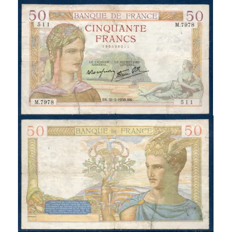 50 Francs Cérès, B, 31.3.1938 Billet de la banque de France