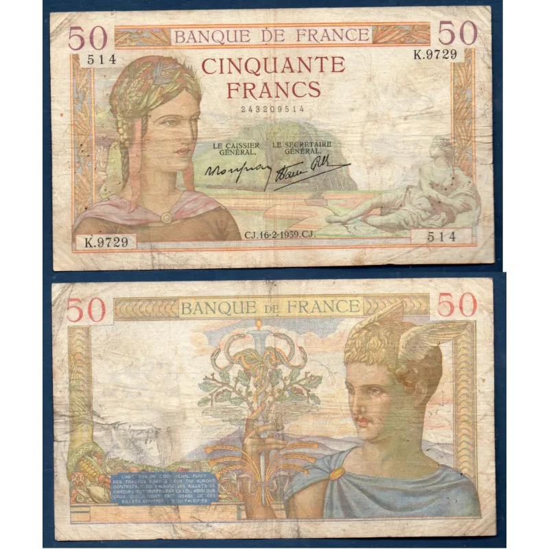 50 Francs Cérès, B, 16.2.1939 Billet de la banque de France 50 Francs Cérès, B, 16.2.1939 Billet de la banque de France