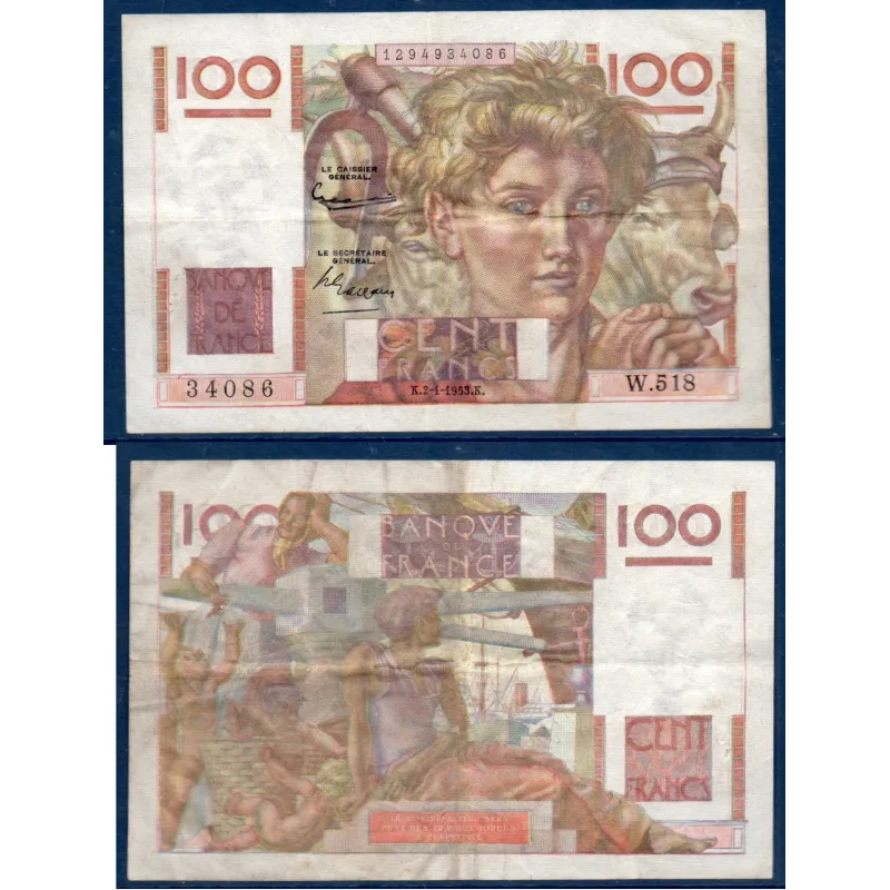 100 Francs Jeune Paysan, TTB-, 2.1.1953 Billet de la banque de France