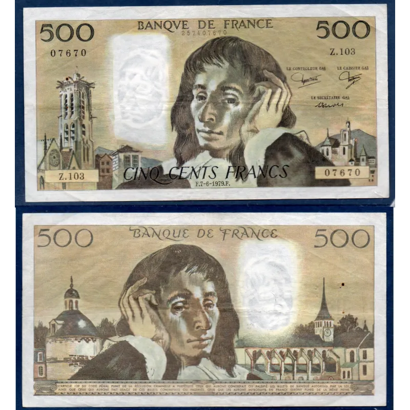 500 Francs Pascal, TTB-, 7.6.1979 Billet de la banque de France 500 Francs Pascal, TTB-, 7.6.1979 Billet de la banque de France