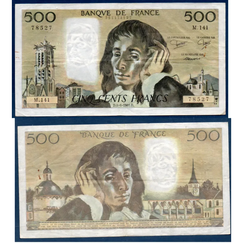 500 Francs Pascal, TTB-, 4.6.1981 Billet de la banque de France 500 Francs Pascal, TTB-, 4.6.1981 Billet de la banque de France