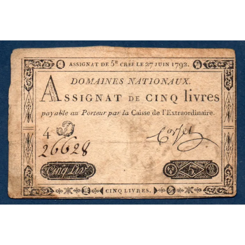 Assignat 5 livres, TB, 27.6.1792 signature Corsel Mus 37 Assignat 5 livres, TB, 27.6.1792 signature Corsel Mus 37