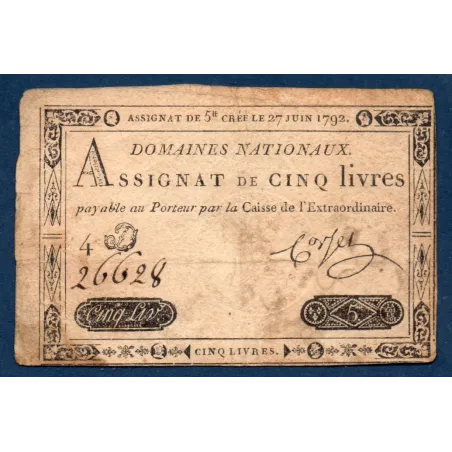 Assignat 5 livres, TB, 27.6.1792 signature Corsel Mus 37