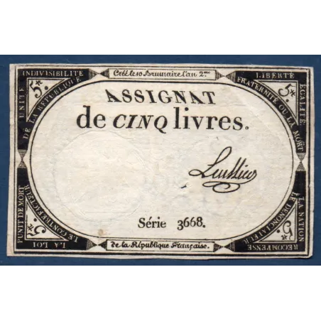 Assignat 5 livres 10 brumaire l'an 2, TTB-, signature Luillier Mus 39