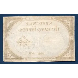 Assignat 5 livres 10 brumaire l'an 2, TTB-, signature Luillier Mus 39