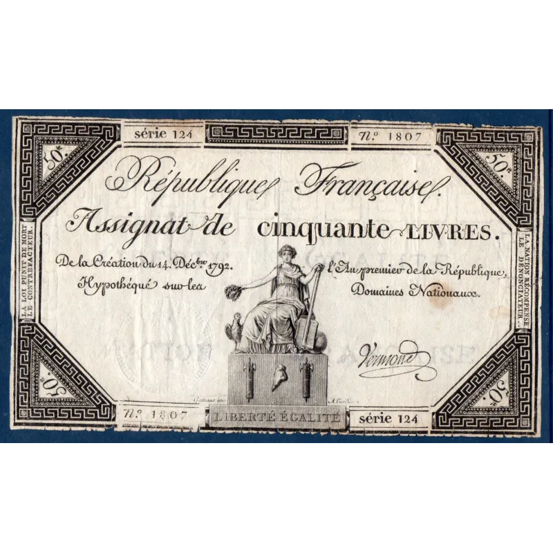 Assignat 50 livres, TB, 14.12.1792 signature Vermond Mus 44 Assignat 50 livres, TB, 14.12.1792 signature Vermond Mus 44