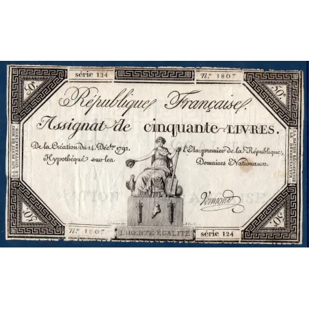 Assignat 50 livres, TB, 14.12.1792 signature Vermond Mus 44