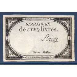 Assignat 5 livres 10 brumaire l'an 2, TTB, signature Brouz Mus 39