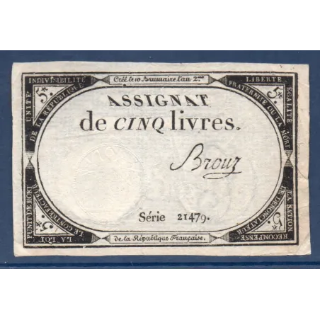 Assignat 5 livres 10 brumaire l'an 2, TTB, signature Brouz Mus 39