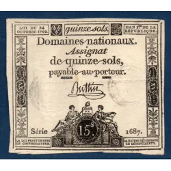 Assignat 15 sols, TTB, 24.10.1792 signature Buttin Muz 28