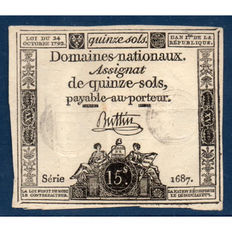 Assignat 15 sols, TTB, 24.10.1792 signature Buttin Muz 28 Assignat 15 sols, TTB, 24.10.1792 signature Buttin Muz 28