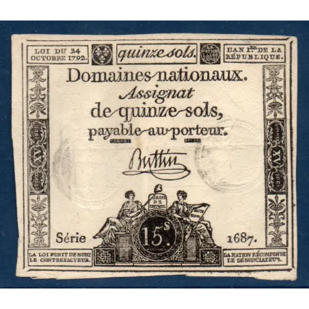 Assignat 15 sols, TTB, 24.10.1792 signature Buttin Muz 28
