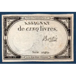 Assignat 5 livres 10 brumaire l'an 2, TTB-, signature Bertin Mus 39