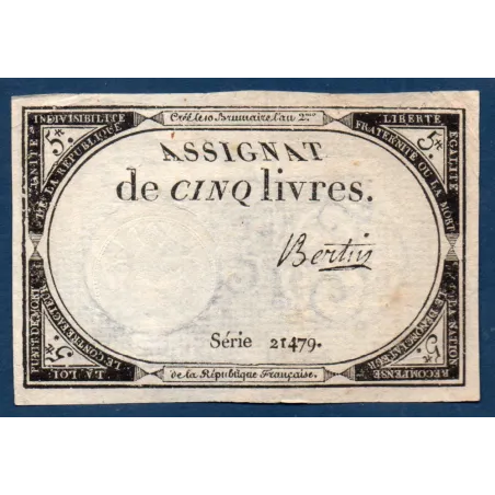 Assignat 5 livres 10 brumaire l'an 2, TTB-, signature Bertin Mus 39