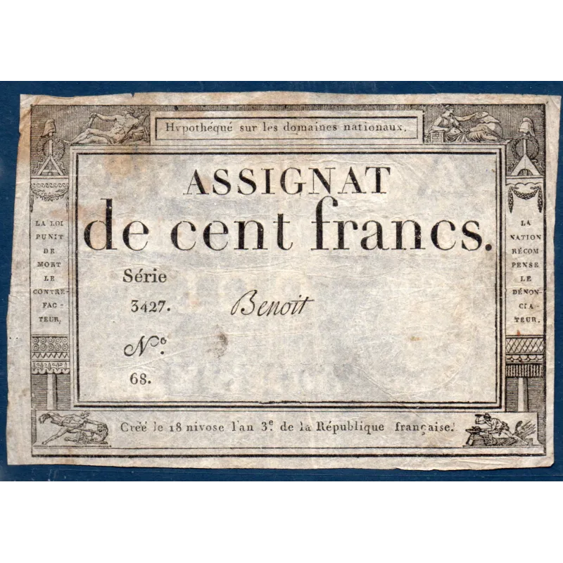 Assignat 100 francs, TB, 18 Nivose an 3 signature Benoit Mus 49 Assignat 100 francs, TB, 18 Nivose an 3 signature Benoit Mus 49