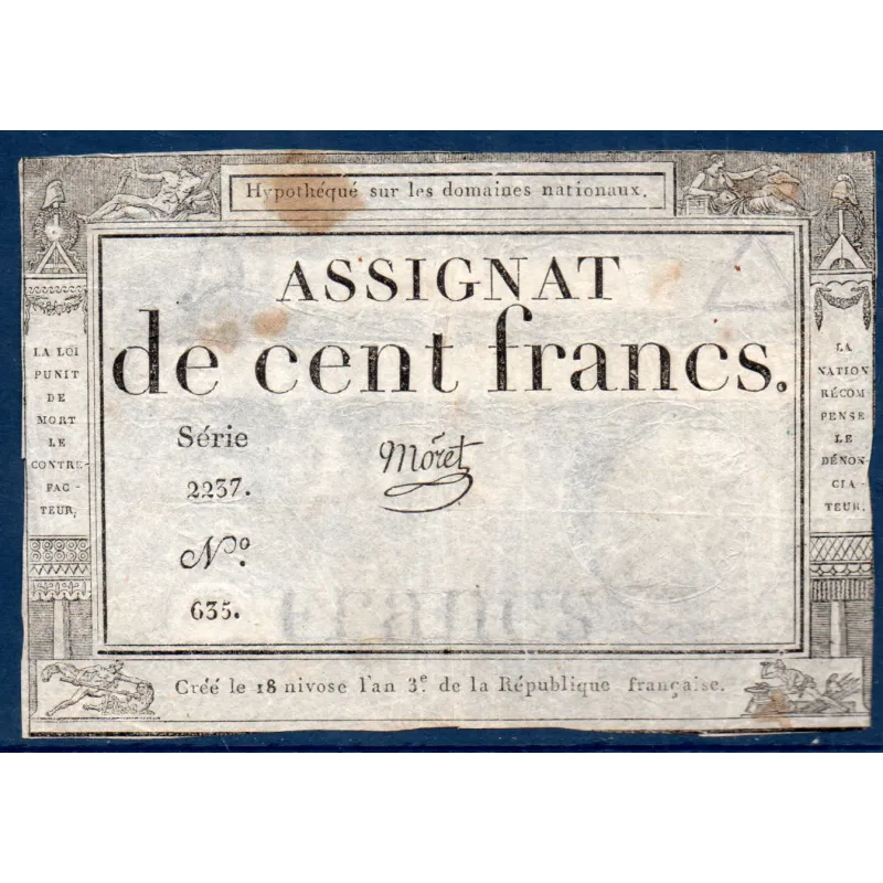 Assignat 100 francs, TB, 18 Nivose an 3 signature Moret Mus 49 Assignat 100 francs, TB, 18 Nivose an 3 signature Moret Mus 49