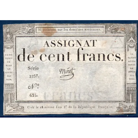 Assignat 100 francs, TB, 18 Nivose an 3 signature Moret Mus 49