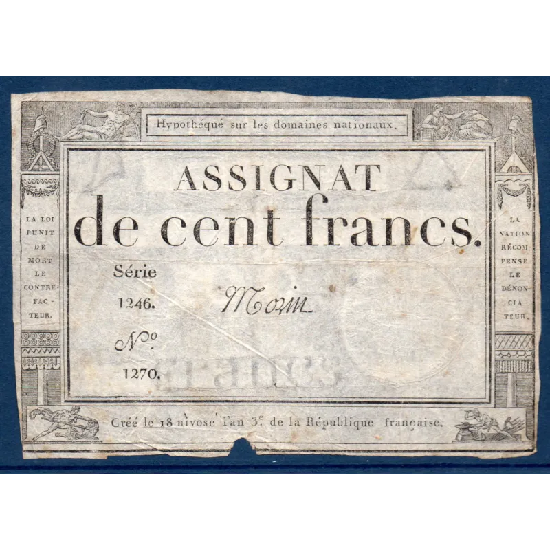 Assignat 100 francs, TB, 18 Nivose an 3 signature Morin Mus 49 Assignat 100 francs, TB, 18 Nivose an 3 signature Morin Mus 49