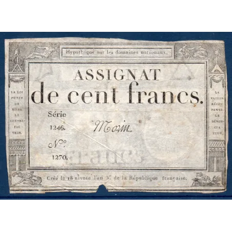 Assignat 100 francs, TB, 18 Nivose an 3 signature Morin Mus 49
