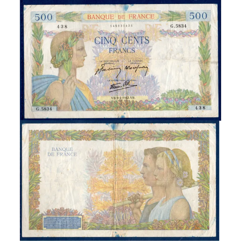 500 Francs La Paix, TB-, 9.4.1942 Billet de la banque de France 500 Francs La Paix, TB-, 9.4.1942 Billet de la banque de France