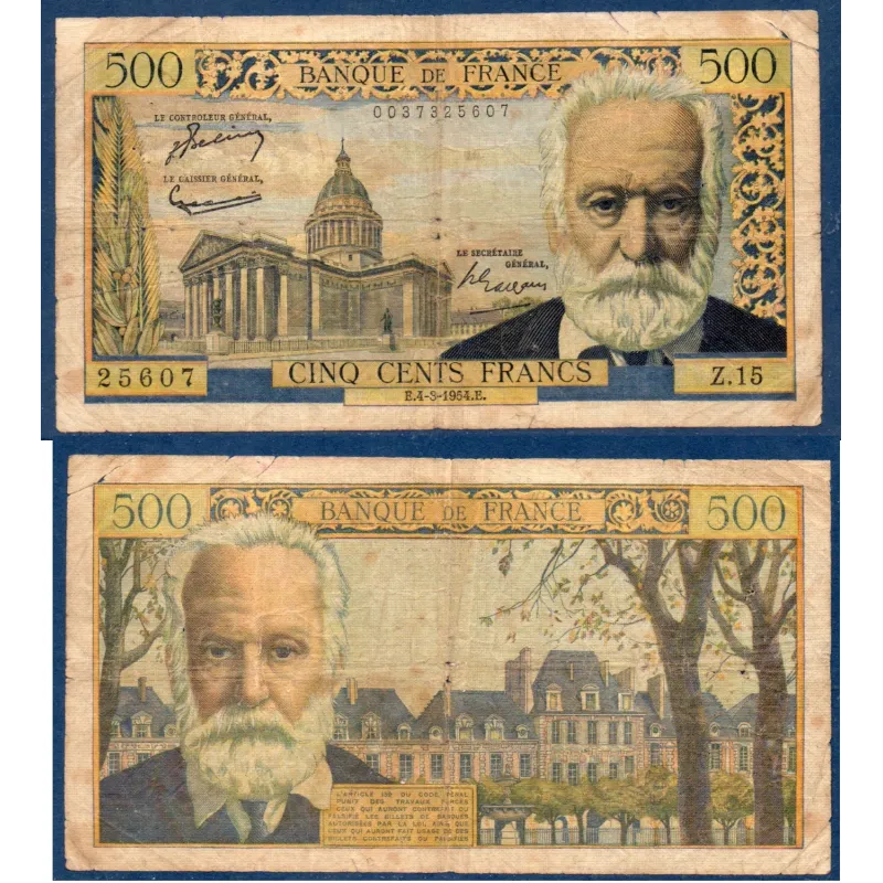 500 Francs Victor Hugo, B, 4.3.1954 Billet de la banque de France 500 Francs Victor Hugo, B, 4.3.1954 Billet de la banque de France