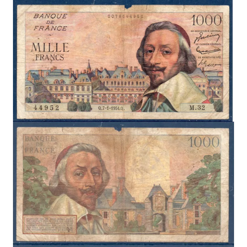 1000 Francs Richelieu, B, 7.1.1954 Billet de la banque de France 1000 Francs Richelieu, B, 7.1.1954 Billet de la banque de France