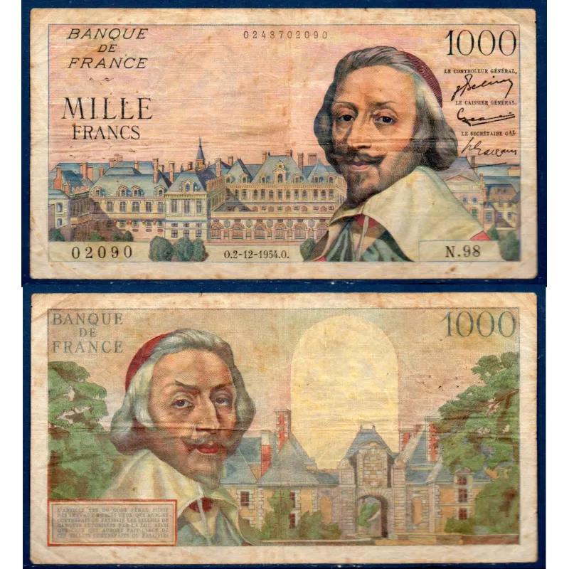 1000 Francs Richelieu, B, 2.12.1954 Billet de la banque de France 1000 Francs Richelieu, B, 2.12.1954 Billet de la banque de France