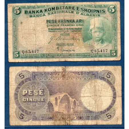 Albanie P.2b, AB Billet de 5 Franka Ari 1926 pont rivière Kiri
