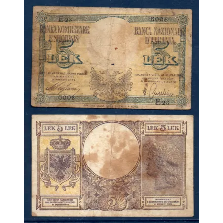 Albanie P.10, B Billet de 5 Leke 1942 occupation italienne