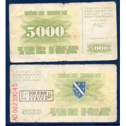 Bosnie P.16b, TB- Billet de 5000 Dinara 1993 avec tampon