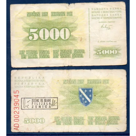 Bosnie P.16b, TB- Billet de 5000 Dinara 1993 avec tampon