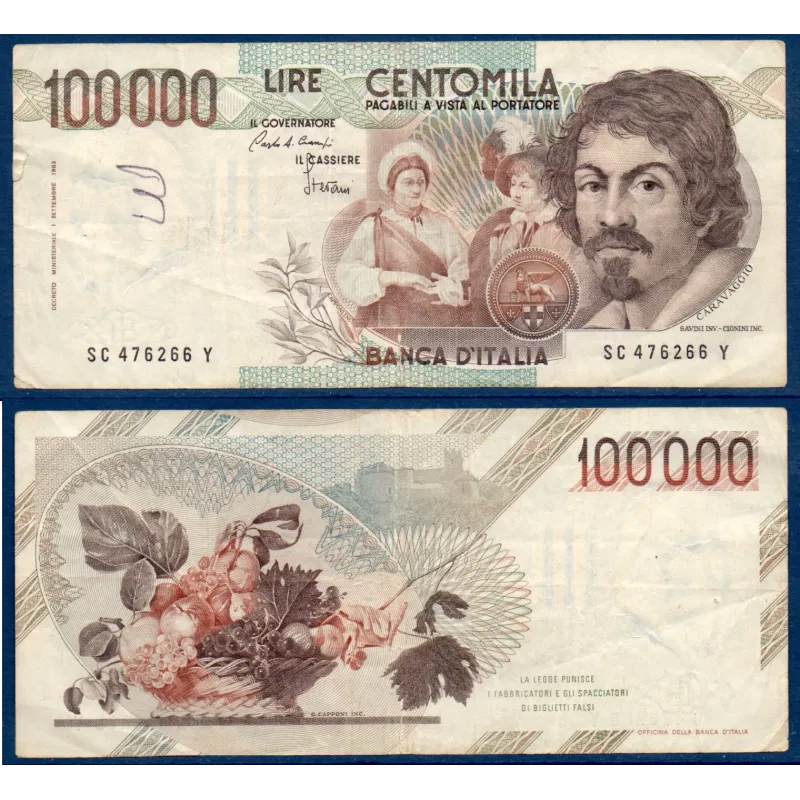 Italie P.110a, TB ecrit Billet de 100000 Lire 1983 Caravaggio