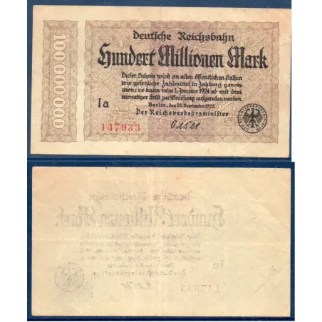 Allemagne P.S1017a, TTB Billet de 100 millions Mark 1923 REICHSBAHN