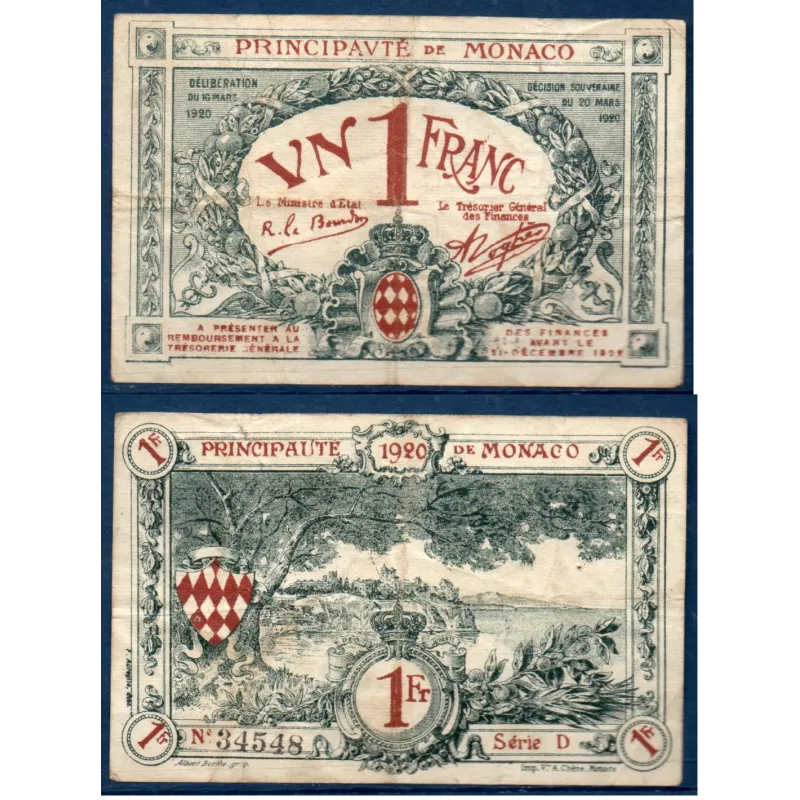Monaco P.5a, TB Billet de 1 franc 1920 Monte Carlo Monaco P.5a, TB Billet de 1 franc 1920 Monte Carlo