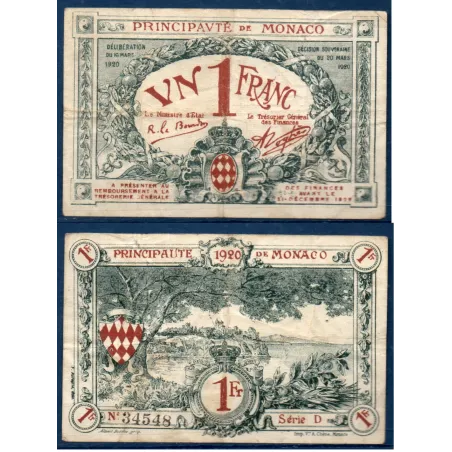 Monaco P.5a, TB Billet de 1 franc 1920 Monte Carlo