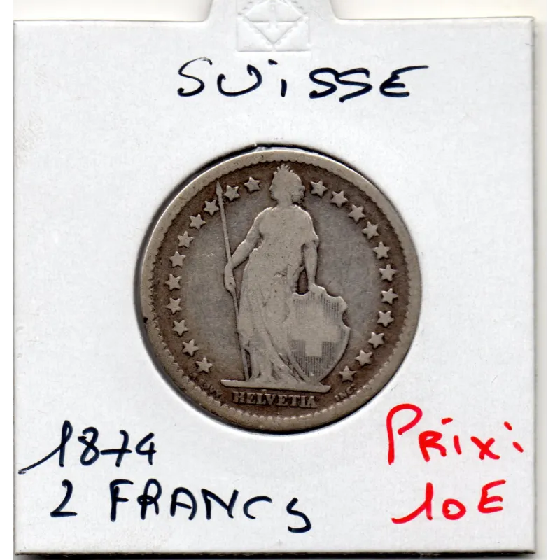 Suisse 2 francs 1874 TB, KM 21 pièce de monnaie Suisse 2 francs 1874 TB, KM 21 pièce de monnaie